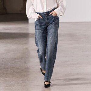 STRAIGHT CUT MID RISE RHINESTONE JEANS